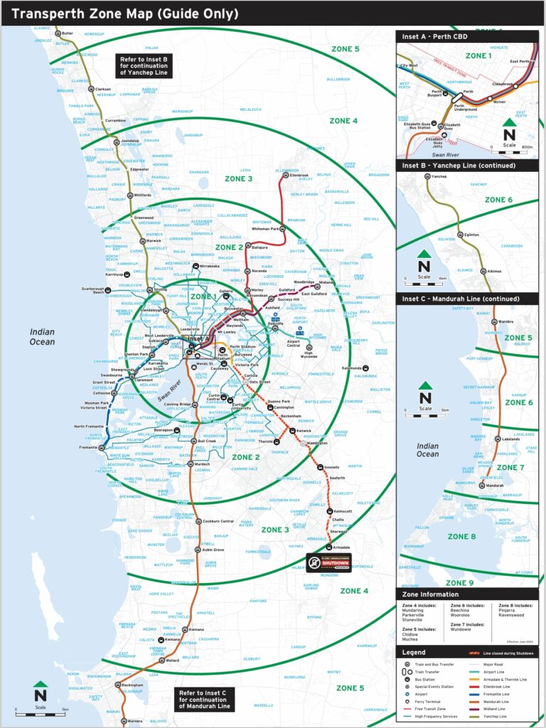 パースの交通機関のゾーンマップ